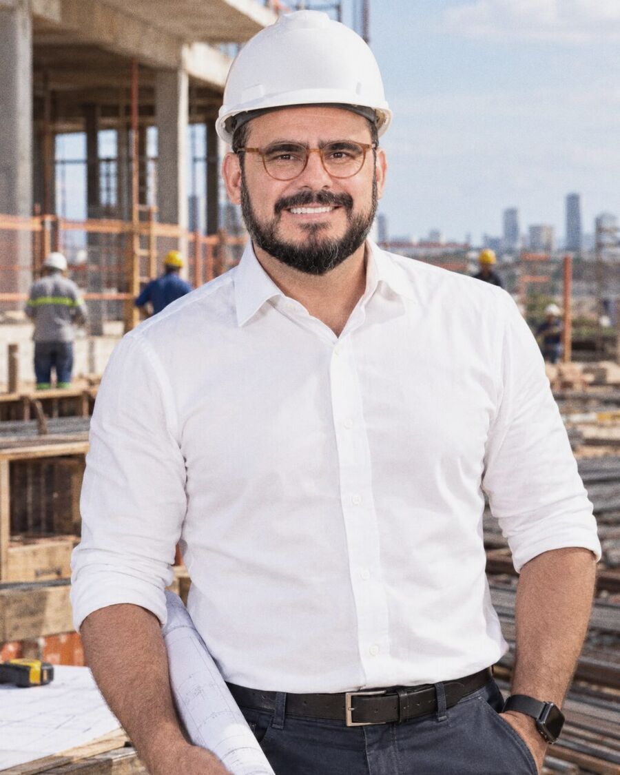 Nizário Queiroz com projetos em mãos em um canteiro de obras
